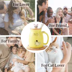 Cat Mug Cute Ceramic Coffee Cup with Lovely Kitty Wooden Lid Stainless Steel Spoon,Novelty Morning Cup Tea Milk Christmas Mug 380ML (Yellow)