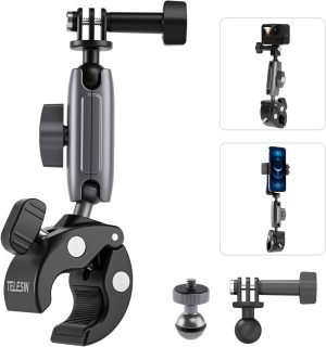 TELESIN 360 Rotation Claw Clamp Mount, Aluminum Super Stable Gripper Monitor, Bicycle Bike Motorcycle Bar Clip Holder for Gopro Hero 11 10 9 Insta360 DJI Camera Iphone Universal Tube Clamp Accessories