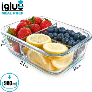 Igluu Meal Prep Glass 3 Compartment Container with Airtight Snaplock Lids – Portion Control Food Storage – BPA Free – Microwavable, Dishwasher and Oven Safe [3 Pack]