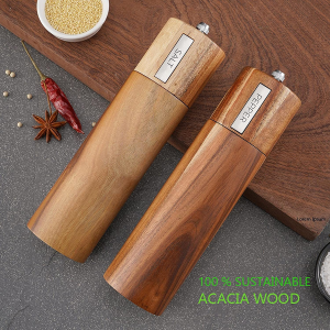 TEOM Wooden Salt and Pepper Grinder Set, Acacia Wood & Refillable Manual Herb Spice Grinder Mills with Wooden Tray and Spoon, Pepper Grinder Wooden Manual & Salt Shaker Mills Set, Kitchen Hand Grinder