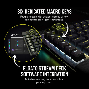 Corsair K100 RGB Mechanical Gaming Keyboard (Cherry MX Speed Keyswitches: Linear and Rapid, Per-Key Backlighting, Leatherette Palm Rest, Elgato Stream Deck Integration, QWERTY) Black (CH-912A014-NA)