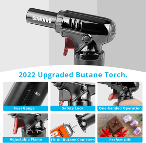 Sondiko Butane Torch with Fuel Gauge S907, Refillable Kitchen Torch Lighter with Safety Lock and Adjustable Flame, One-Handed Operation, Fit All Butane Tanks Kitchen Torch for Desserts, Creme Brulee