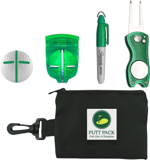 The PUTT PACK 5 in 1 – Golf Bag Accessories Kit Containing a Golf Divot Repair Tool with Magnetic Golf Ball Marker, Golf Ball Line Marker Tool, Genuine Mini Marker & Golf Tee Bag Pouch