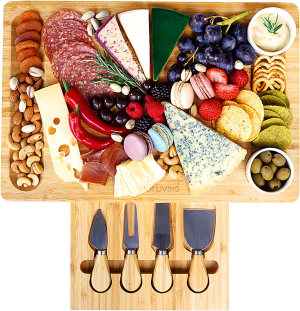 Sleek Cheese Board Birthday Gifts for Women – Bamboo Serving Board and Serving Tray with Fruit Tray Perfect as House Warming Gift Wedding Gift – Large Charcuterie Board and Knife Set Gifts for Her