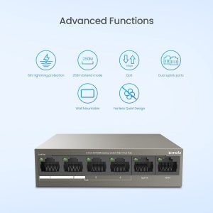 Tenda Poe Switch 6-Port 10/100Mbps (4 Poe+ & 2 Uplink Ports, 58 W for All Poe Ports, Qos, 250M Transmission Distance, 802.3At/Af, Desktop/Wall Mounting, Metal Case, Plug and Play) (TEF1106P-4-63W)