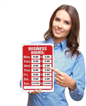 Open Signs, Business Hours Sign Kit – Bright Red and White Colors – Includes 4 Double Sided Adhesive Pads and a Black Number Sticker Set – Ideal Signs for Any Business, Store or Office