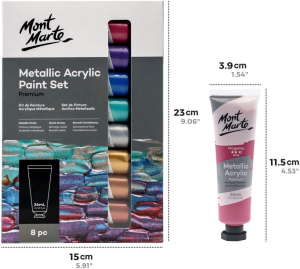 Mont Marte Metallic Acrylic Paint Set 8 Piece X 36 Ml Tubes, Lightfast Colors with Smooth Consistency and Opaque Metallic Finish.