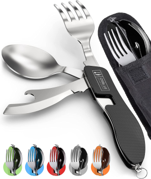 Orblue 2-Pack 4-In-1 Camping Utensils – Portable Stainless-Steel Camping Spoon, Fork, Knife and Can/Bottle Opener – Backpacking Utensils with Case, Orange