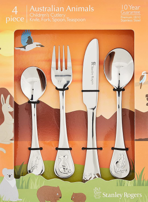 Stanley Rogers 50622 Children’S Cutlery Australian Animals, Stainless Steel Cutlery Set, Durable Flatware for Kids, Mirror Polished Silverware in Gift Box (Color: Silver), Quantity: 1 Set, 4 Pieces