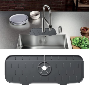 Kitchen Sink Splash Guard Mat – Silicone Sink Water Splash Catcher Pad behind Faucet for Kitchen, Bathroom, Sink Draining Dish Drying Mat Countertop Splash Protector & Storage (Dark Grey)