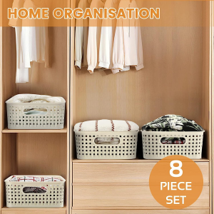 [8 Pack] Jabykare Plastic Storage Baskets for Home Storage & Organisation- Storage Bins for Bathrooms, Kitchen, Cabinets, Countertop, under Sink, Pantry Storage Organiser (Creamy)