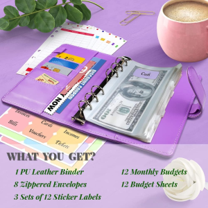 A6 PU Leather Budget Binder System with Cash Envelopes for Budgeting, Money Saving Binder Organizer for Cash with Zipper Pockets and Budget Sheets (Purple)