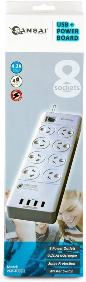 SANSAI Power Board Strip Extension 8 Outlet Surge 4 USB Charger (8 Way)