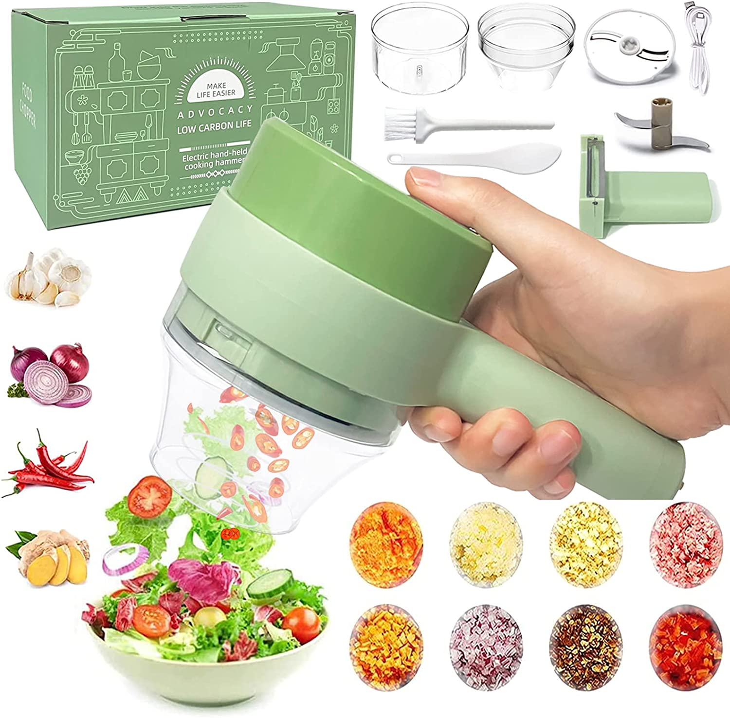 Kitchen Goods Electric Vegetable Cutter Set - 4 in 1 Portable,  Rechargeable, Wireless Food Processor & Chopper Machine for Pepper, Garlic,  Onion