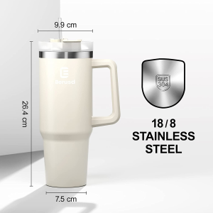 Berusd 40 Oz Insulated Tumbler with Handle and Straw Lid, Double Wall Vacuum Stainless Steel Coffee Cup Travel Mug, Insulated Flask, Large Water Bottle, Thermo Mug Drink Bottle 1.2L, Cream