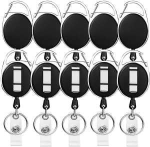 Weyeena Retractable Badge Holder with Carabiner Reel Clip and Key Ring for ID Card Key Keychain Holders Black 10 Pieces