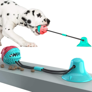 Dog Chew Suction Cup Tug of War Toy Multifunction Interactive Pet Aggressive Chewers Rope Puzzle Toothbrush Molar Bite Squeaky Toys Ball with Teeth Cleaning and Food Dispensing Features (Red and White)