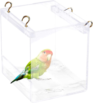 Tfwadmx Bird Bathtub for Cage Parrot Bath Shower Box Bowl No-Leakage Design with Hooks for Small Bird Parrot Myna Budgie Lovebird