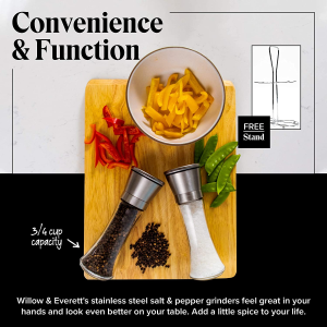 Willow & Everett Salt and Pepper Grinder Set – Stainless Steel Refillable Salt & Peppercorn Shakers