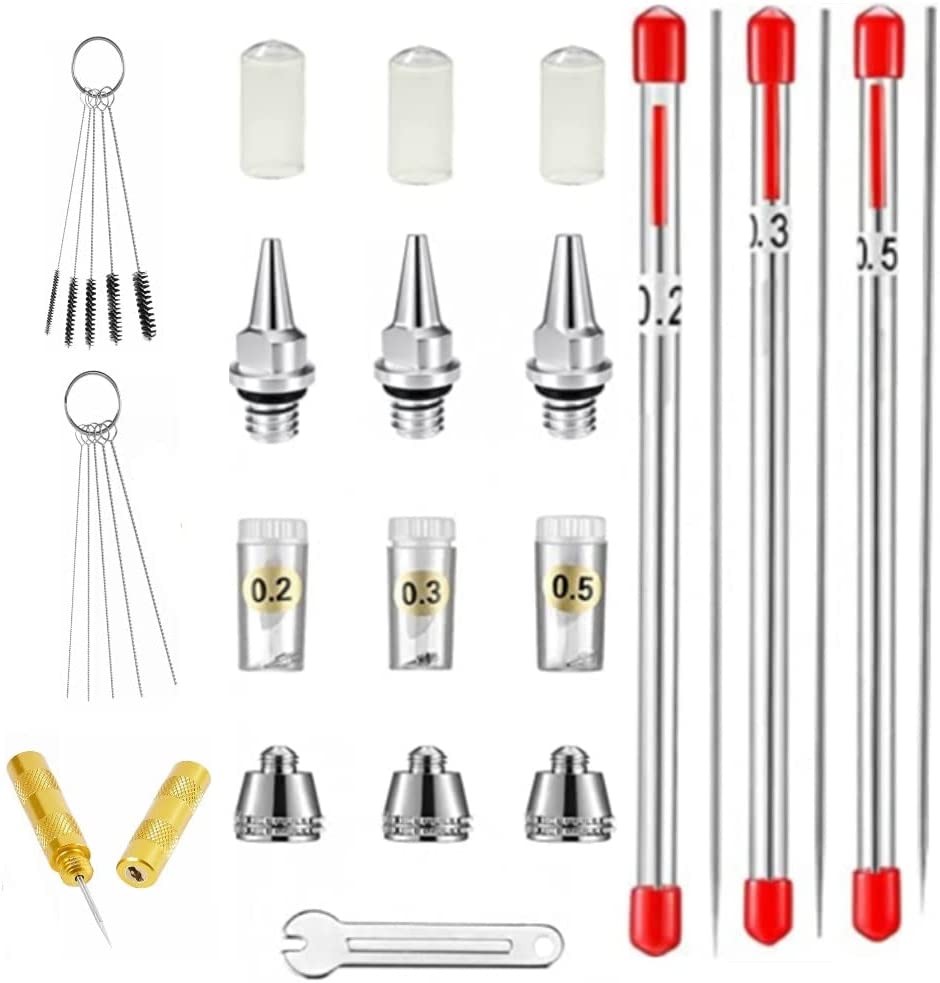 ABEST 24Pcs Airbrush Replacement Parts Kit with Airbrush Nozzle,Needle,Nozzle Cap,Mini Wrench,Cap Protective Sleeve, Airbrush Cleaning Kit Replacement Part