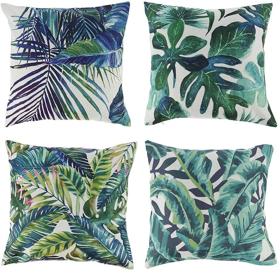 4PCS Tropical Plants Waterproof Cushion Cover, Outdoor Waterproof Throw Pillow Covers Square Pillow Cases, Pillow Sham Home Decoration for Outdoor Patio Garden Blench Tent Living Room