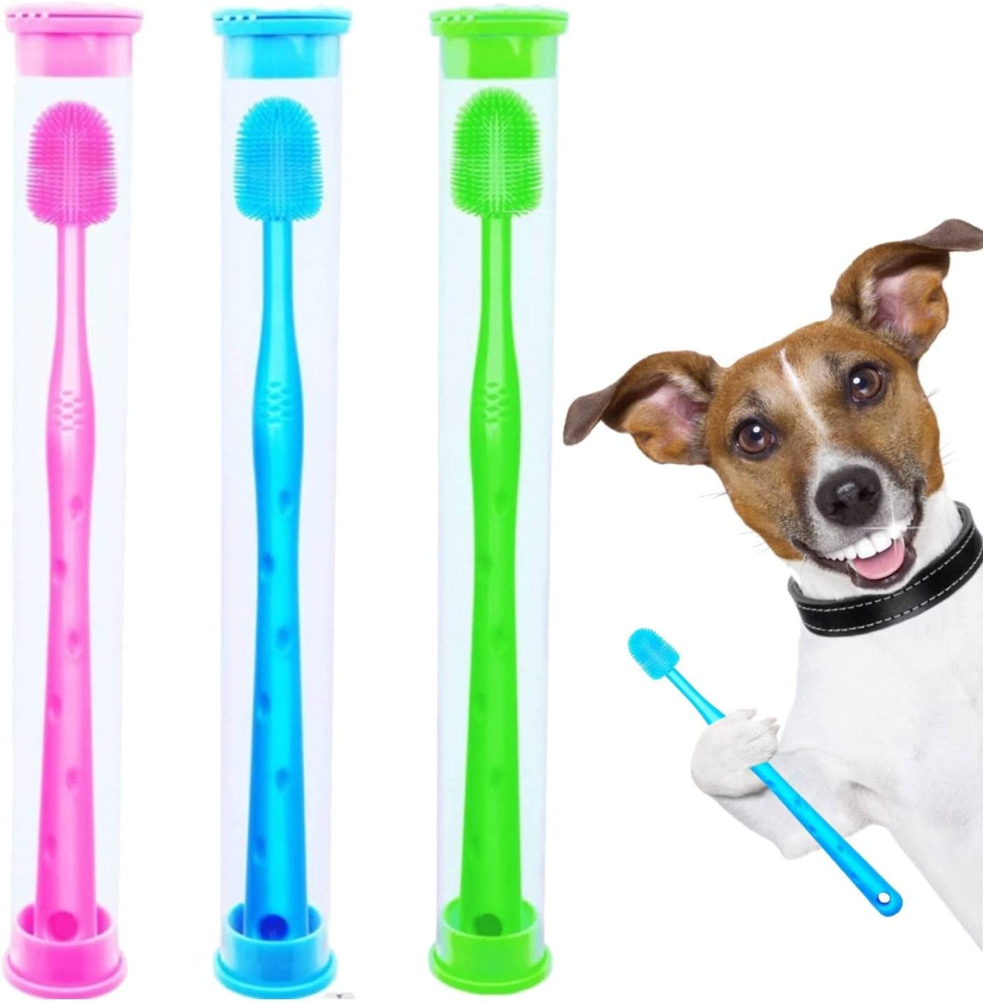 3Sets 360 Degree Silicone Pets Dogs Toothbrush with Storage Boxes, for Dental Care Tartar Control Puppy Doggie Teeth Cleaning Tooth Brushing Kit Set Reduces Plaque & Tartar Buildup (Blue&Pink&Green)