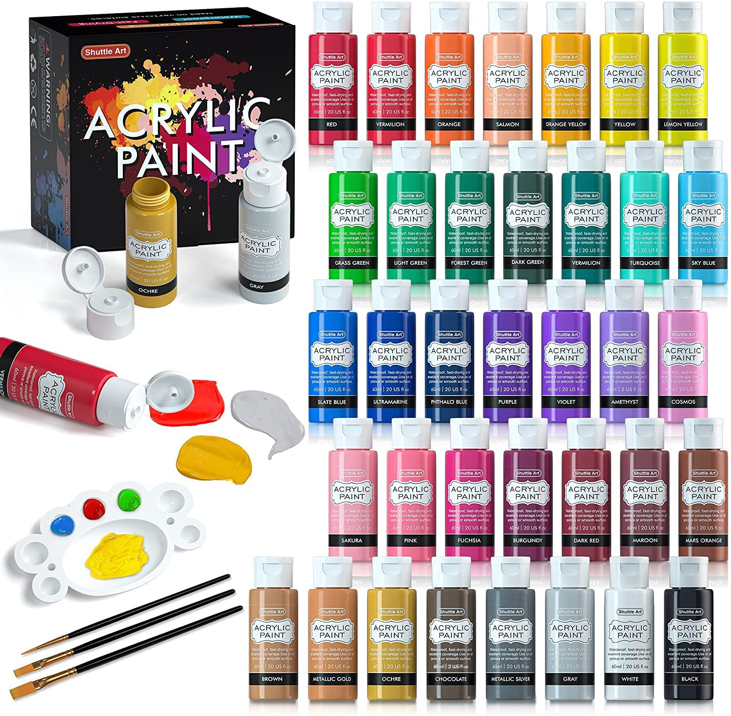 Acrylic Paint Set, Shuttle Art 36 Colors (60ml, 2oz) with 3