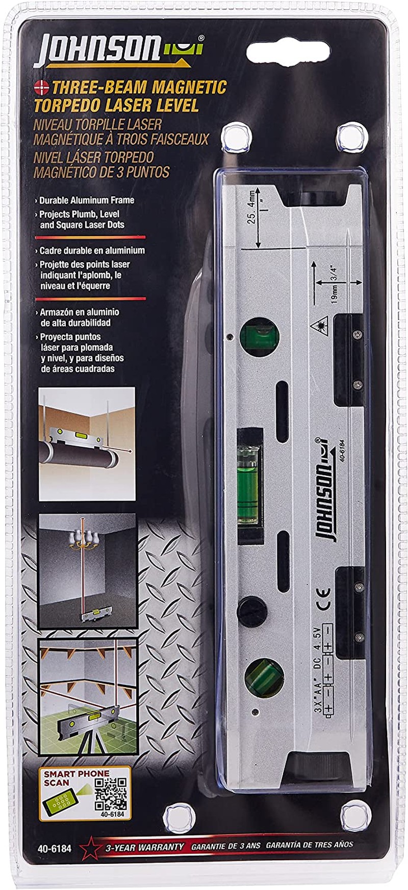 Johnson Level & Tool 40-6184 Magnetic Torpedo Laser Level, Silver & Black, 1 Laser Level