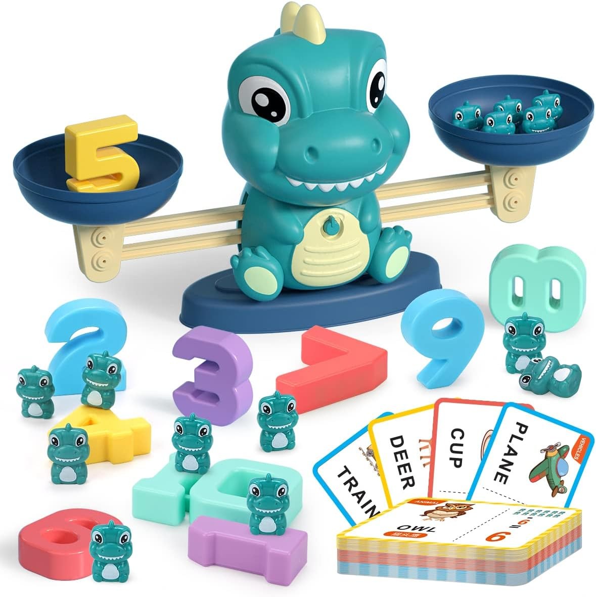 REMOKING Math Game for Kids,Balance Counting Dinosaur Toys for 3 4 5 6 7 8 Year Old Boys&Gilrs,Abacus Toy&Spell Word Game with Flash Cards,Educational Toy Preschool Toddlers Kids Age 3+