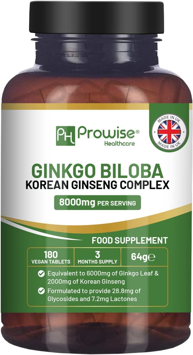 Ginkgo Biloba and Korean Ginseng Tablets 8000Mg 180 Vegan Tablets | Ginkgo 6000Mg & Korean Ginseng Root 2000Mg | UK Manufactured by Prowise Healthcare