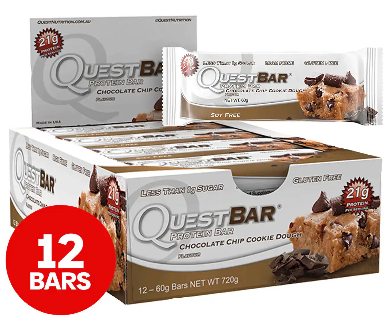 12 X Quest Protein Bars Choc Chip Cookie Dough 60G