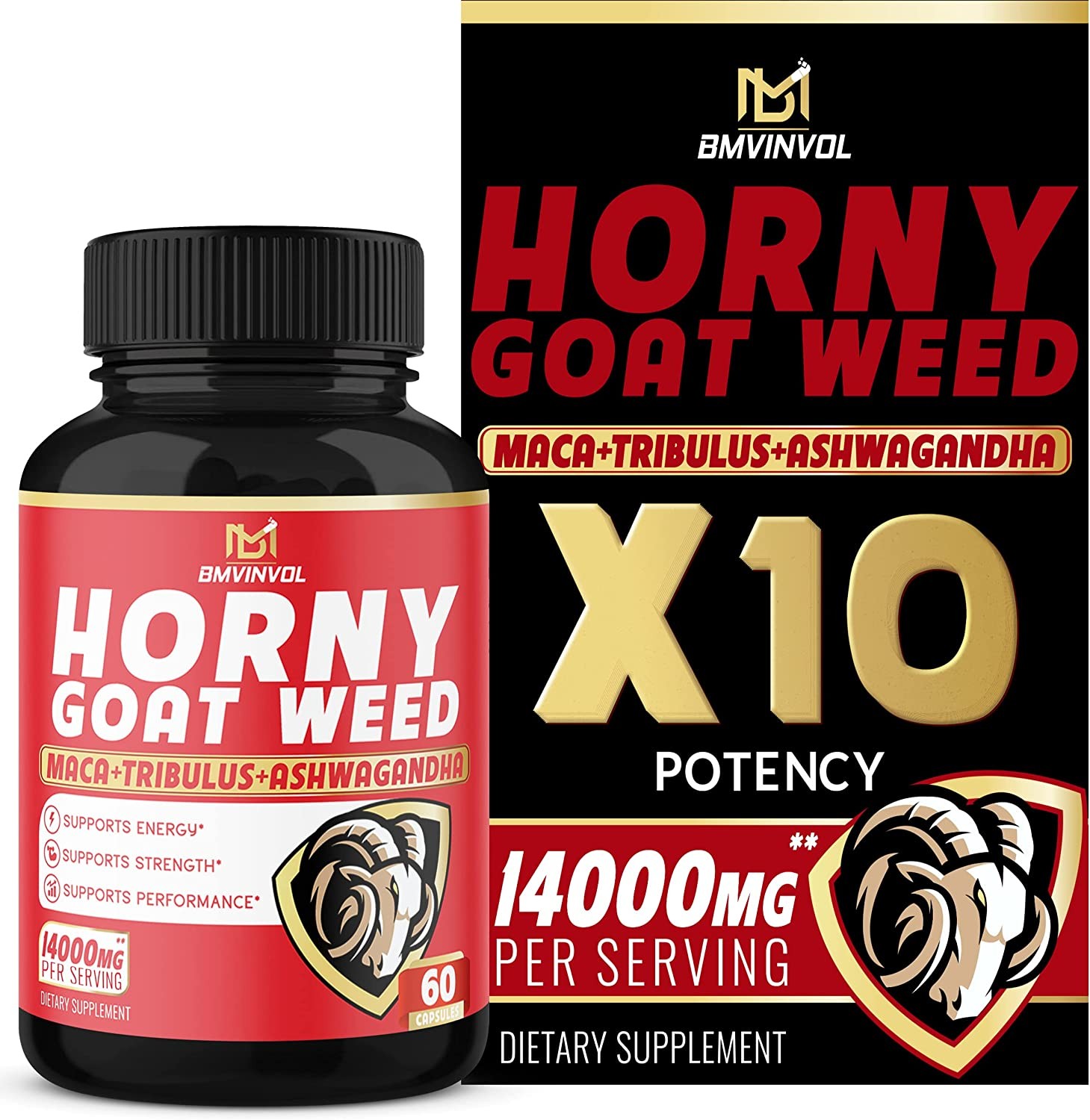 Horny Goat Weed Capsules, 14000Mg Herbal Equivalent with Maca, Tribulus, Ginseng – Performance and Energy Support – 60 Capsules