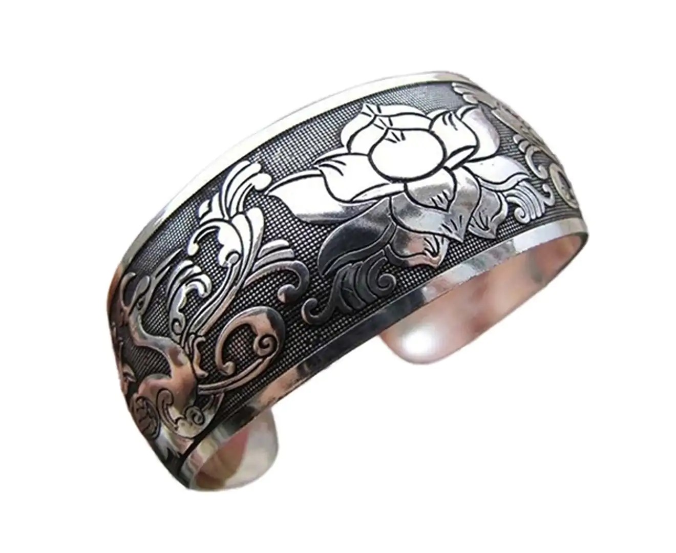 Nirvana Women Vintage Ethnic Style Open Jewelry Tibetan Silver Bangle Wide Cuff Bracelet-