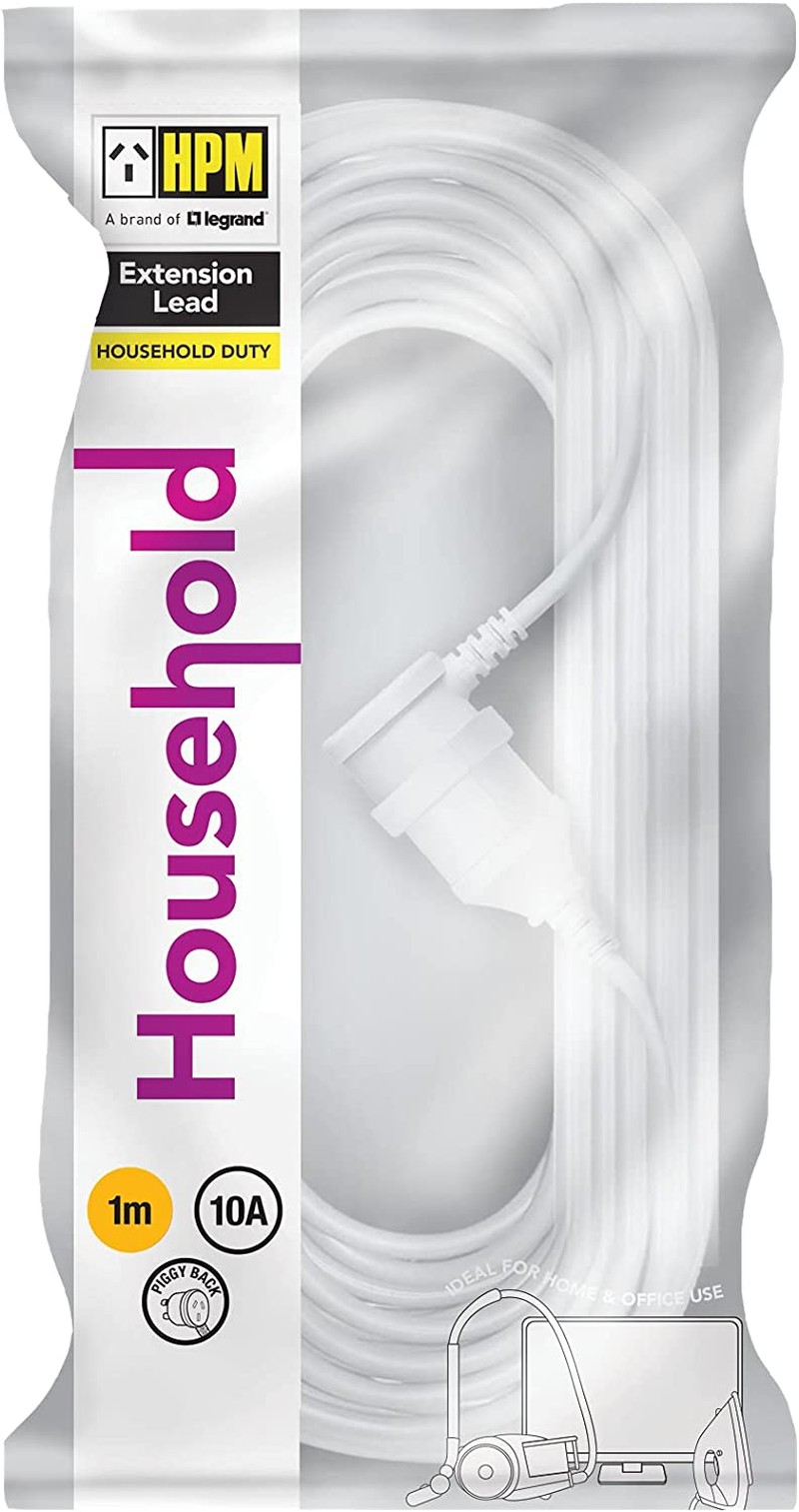 HPM Household Duty Piggy Back Extension Lead White 1M