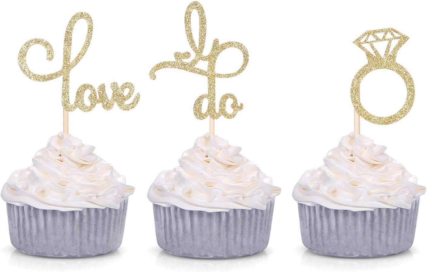 Set of 24 Gold Glitter Love Diamond Ring I Do Cupcake Toppers for Wedding Bridal Shower Decorations