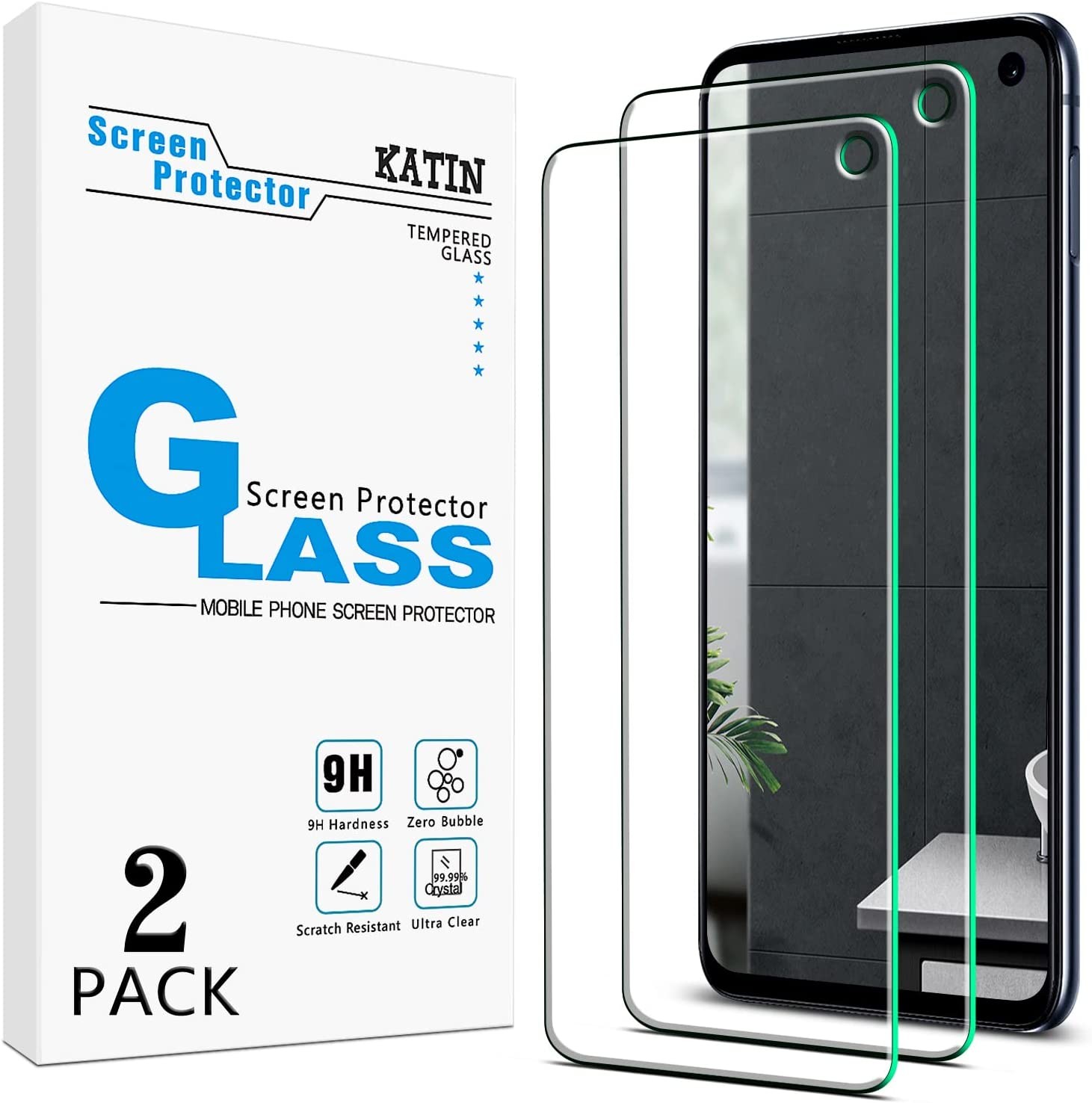 KATIN [2-Pack] for Samsung Galaxy S10E Tempered Glass Screen Protector No-Bubble, 9H Hardness, Easy to Install