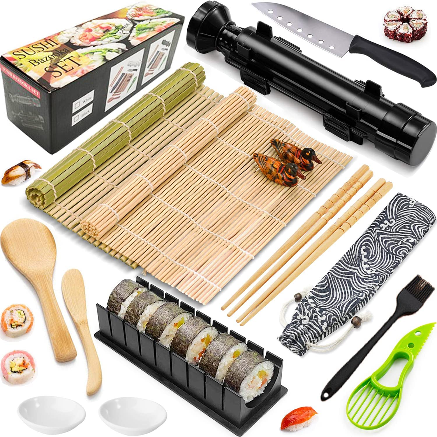 Sushi Making Kit, 16 in 1 Sushi Bazooka Roller Kit DIY Sushi Maker Tools Set for Beginner with Sushi Roller, Bamboo Mats, Rice Mold, Sushi Knife, Rice Paddle, Rice Spreader, Chopsticks, Sauce Dishes, Avocado Slicer