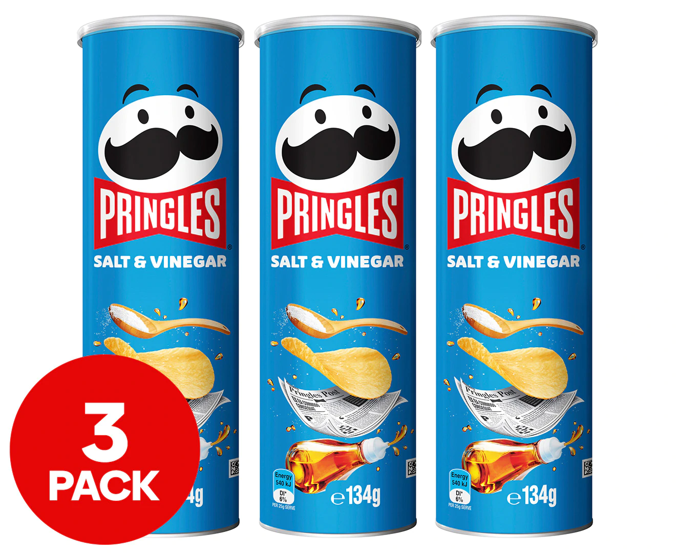 3 X Pringles Potato Chips Salt & Vinegar 134g 