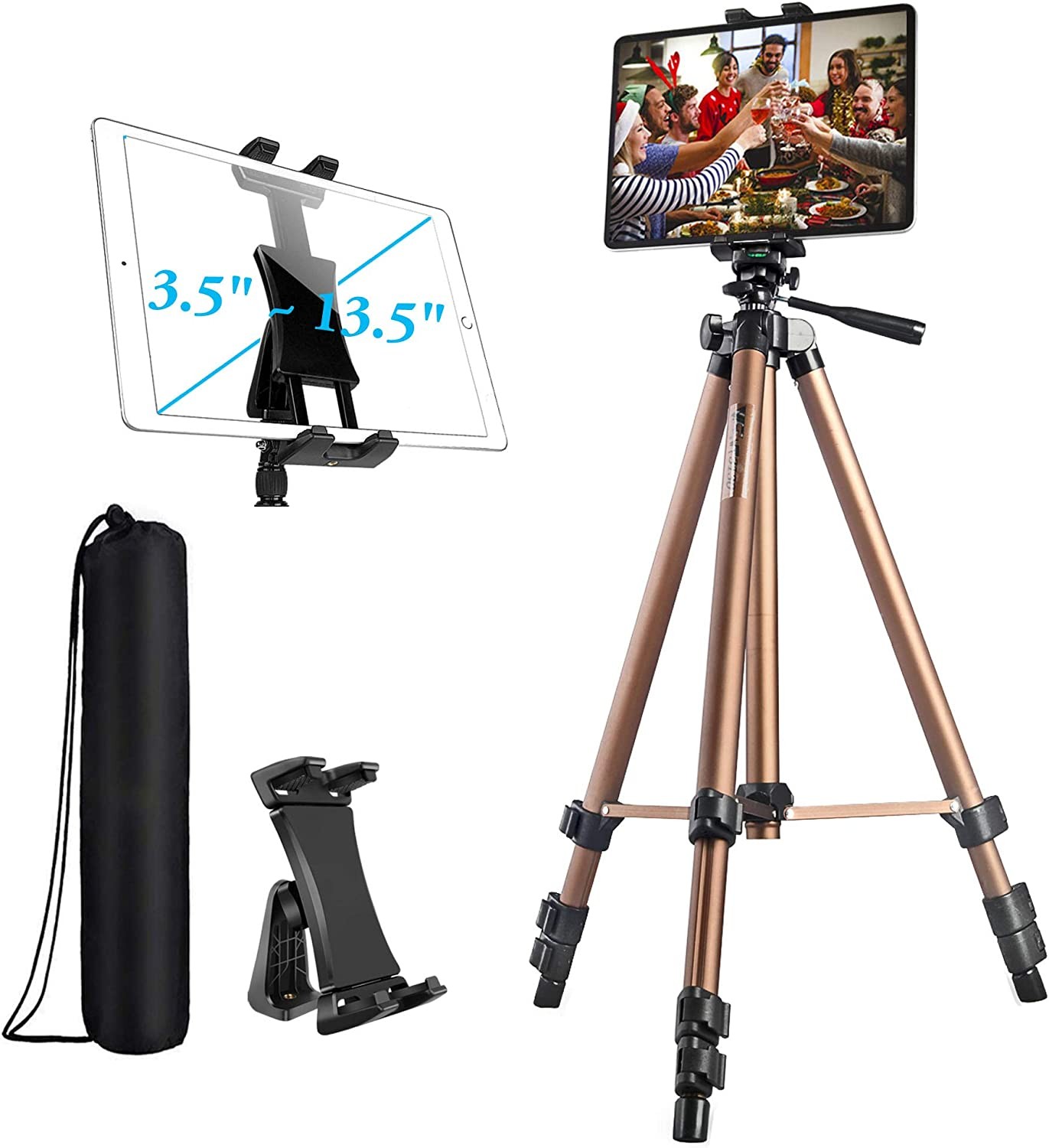 Ipad Tripod, Tablet Tripod Stand 53 Inch Adjustable Height Aluminum Mount Holder for Ipad Pro 12.9 11 10.5, Ipad Air, Ipad Mini, Surface Pro,Nexus,Galaxy Tab and 3.5 to 13.5In Phone Tablet