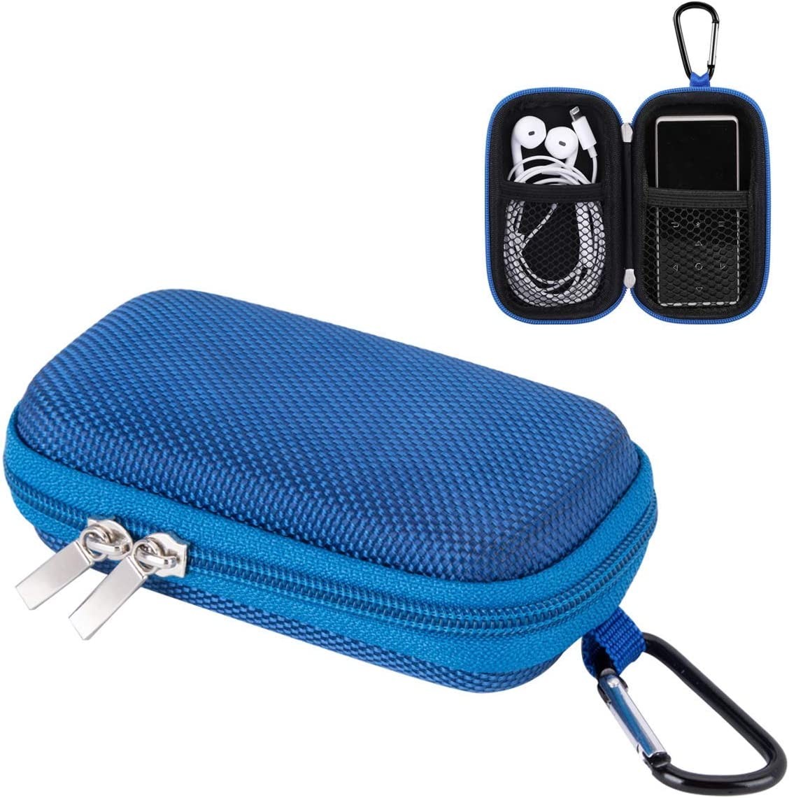 AGPTEK A02 MP3 Player Case,Portable Clamshell Headphones Cover,Holder with Metal Carabiner Clip,For MP3 Players, Ipod Nano,Ipod Shuffle,Usb Cable,Earphones,Memory Cards,U Disk,Lens Filter,Keys,Blue