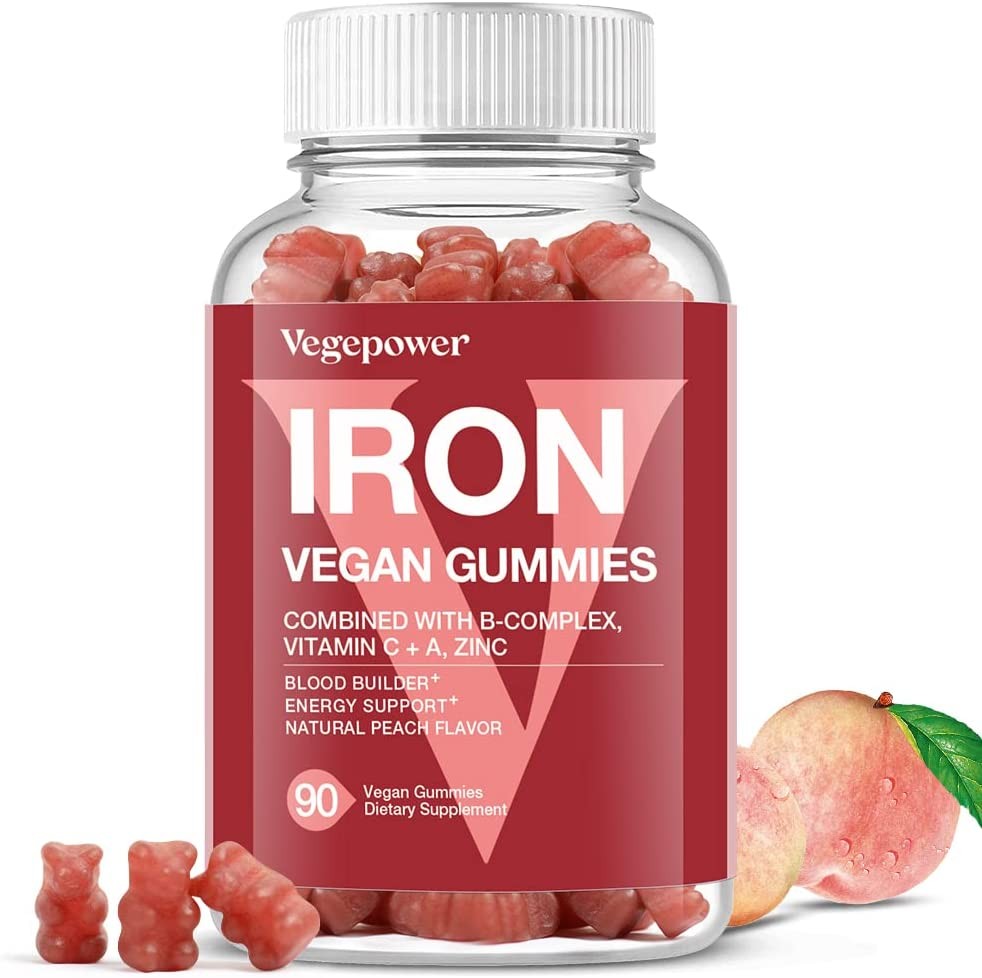 Vegan Iron Gummies Supplement – with Vitamin C, A, B-Complex, Folate, Zinc for Adults & Kids – Blood Builder & Energy Support for Iron Deficiency, Anemia, No after Taste – Peach Flavor (90 Ct)