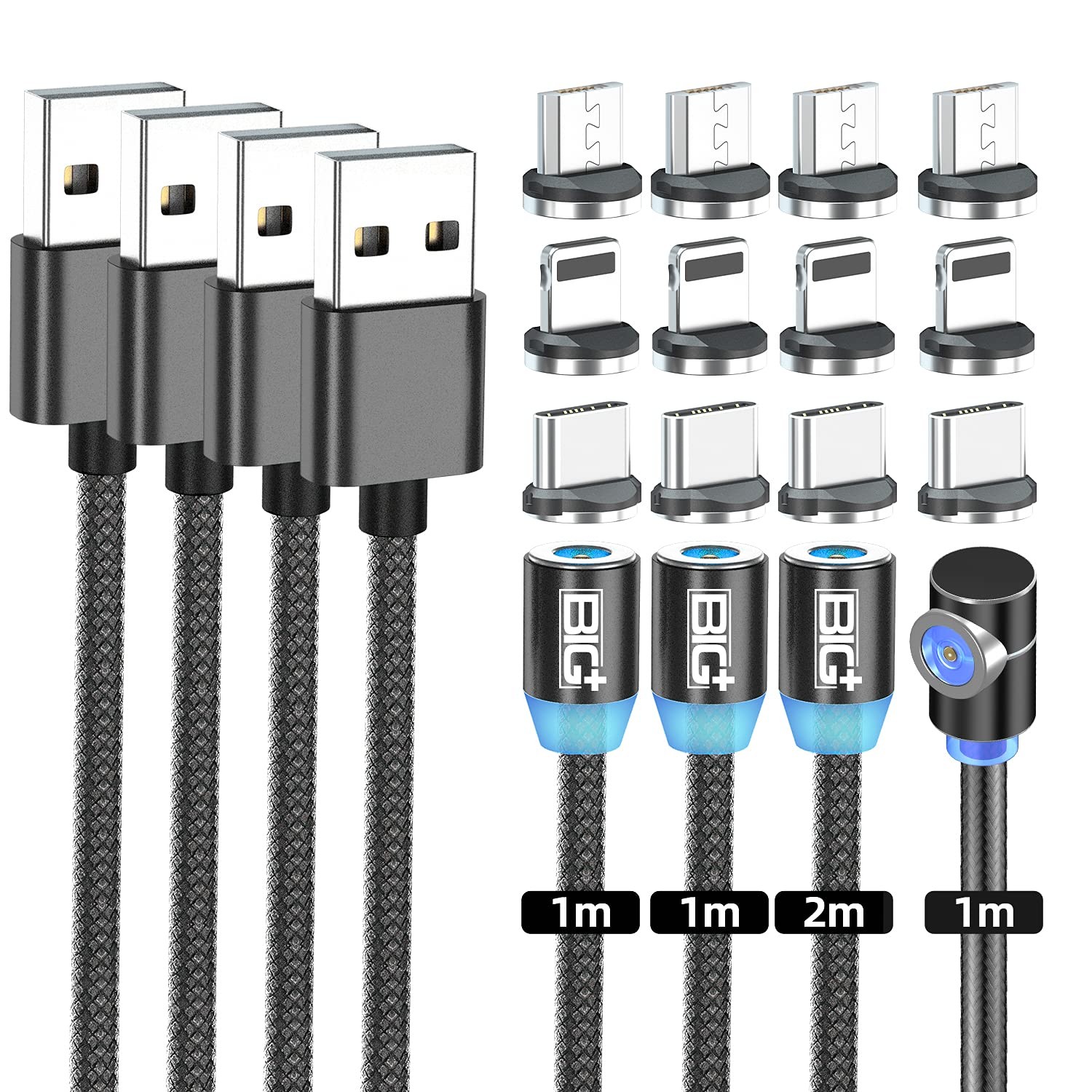 BIG+ Magnetic Charging Cable, (4 Pack – 3X1M, 1X2M), Magnetic Phone Charger Cable, Magnetic Charger, Nylon Braided Cord, Compatible for Charging All Smartphones, Android, Micro USB and Type C Devices,