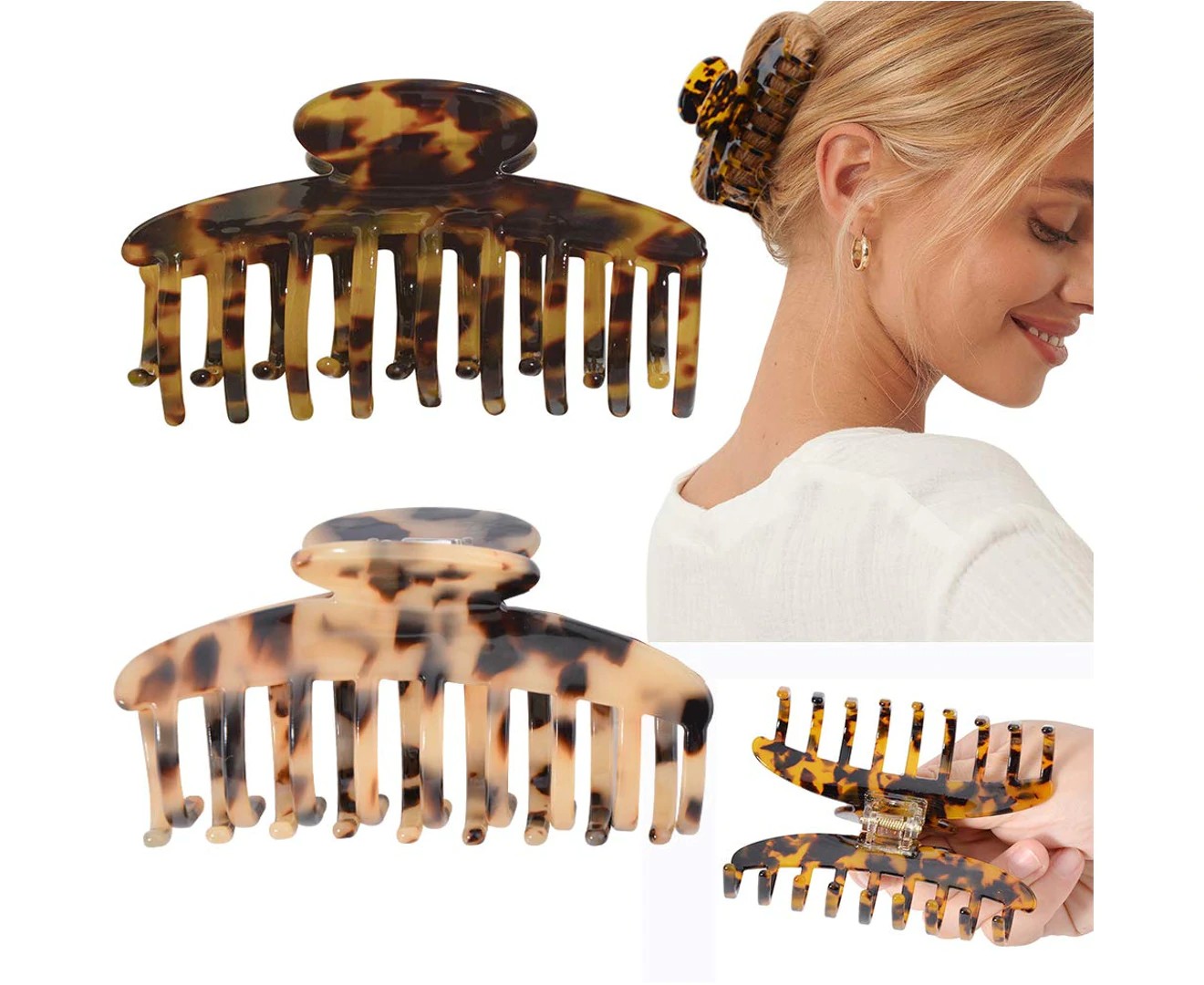 2Pcs Big Claw Hair Clips 3.8 Inch Tortoise Banana Hair Clips for Women Girls Thin Hair French Design Celluloid Leopard Print Strong Hold Hair Clips for Thi