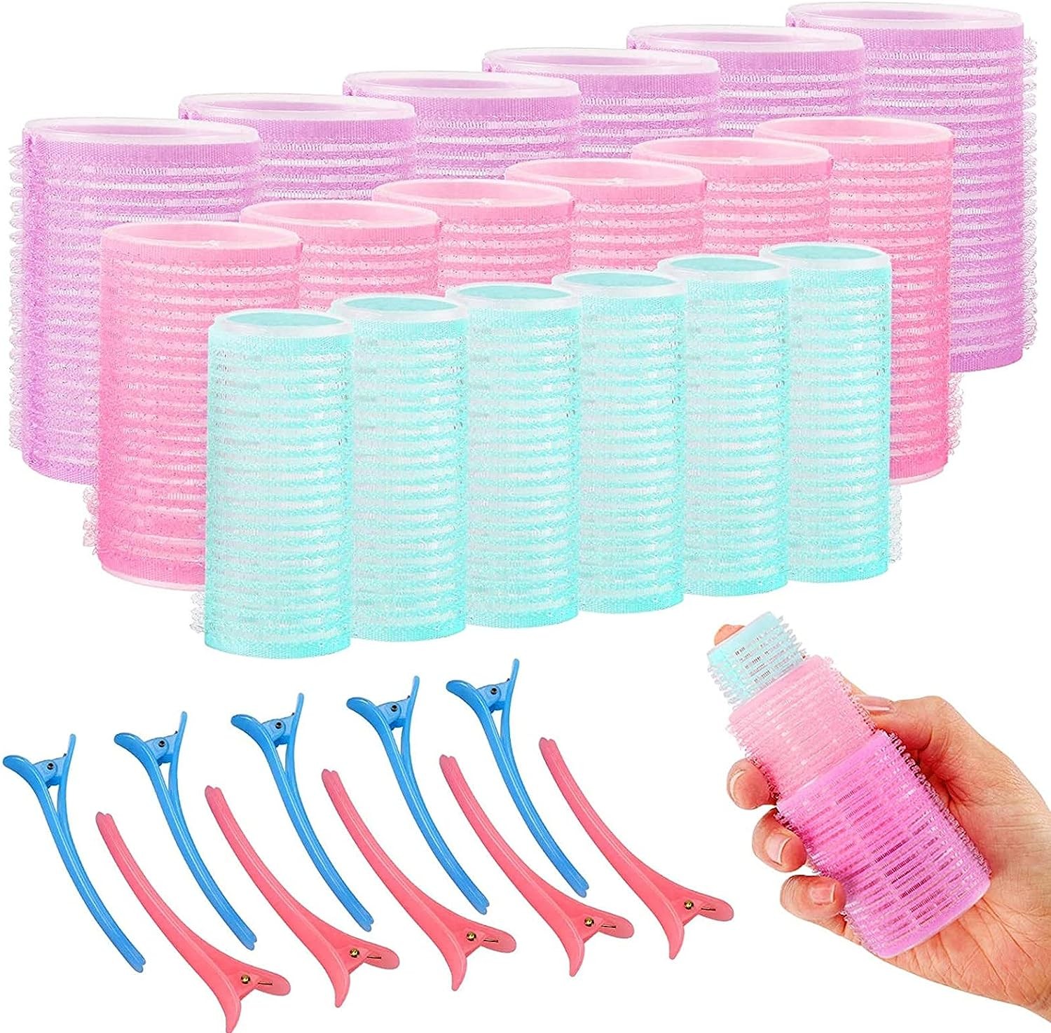 Hair Rollers Clips Set, 18 Pcs Self Grip Hair Rollers with 12 Pcs Duck Bill Clips, 3 Size Self Grip Hair Curlers Rollers for Women Girls for Long Medium Short Thick Thin Hair Bangs Volume