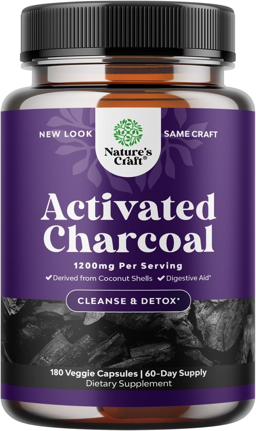 Cleanse and Detox Activated Charcoal Capsules – Purifying Detox Pills with 1200Mg Coconut Charcoal Powder for Bloating Relief and Body Detox Cleanse – Active Charcoal for Gut Health – 180 Count