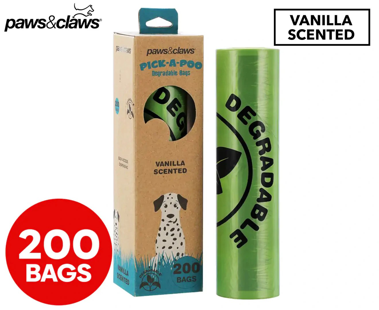 200Pk Paws & Claws Pick-A-Poo Degradable Waste Bags W/ In-Box Dispenser Vanilla