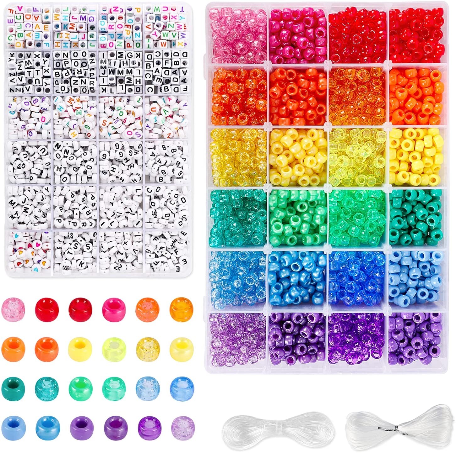 UOONY 4000Pcs Pony Beads Kit, 2400Pcs Rainbow Kandi Beads and 1600Pcs Letter Beads, 24 Colors Plastic Craft Beads Bulk for Bracelets Jewelry Making with 20M Crystal String and 30M Elastic String