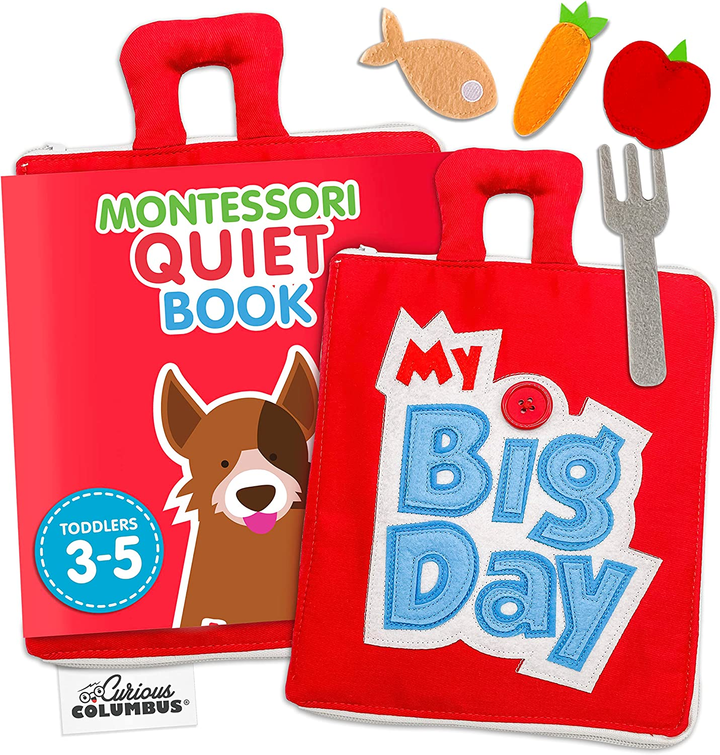 Curious Columbus Quiet Books for Toddlers – My Big Day Montessori Busy Book – Essential Toddler Travel Toys – Educational Toy Fabric Busy Books for Early Learning and Preschool Kids (Red)