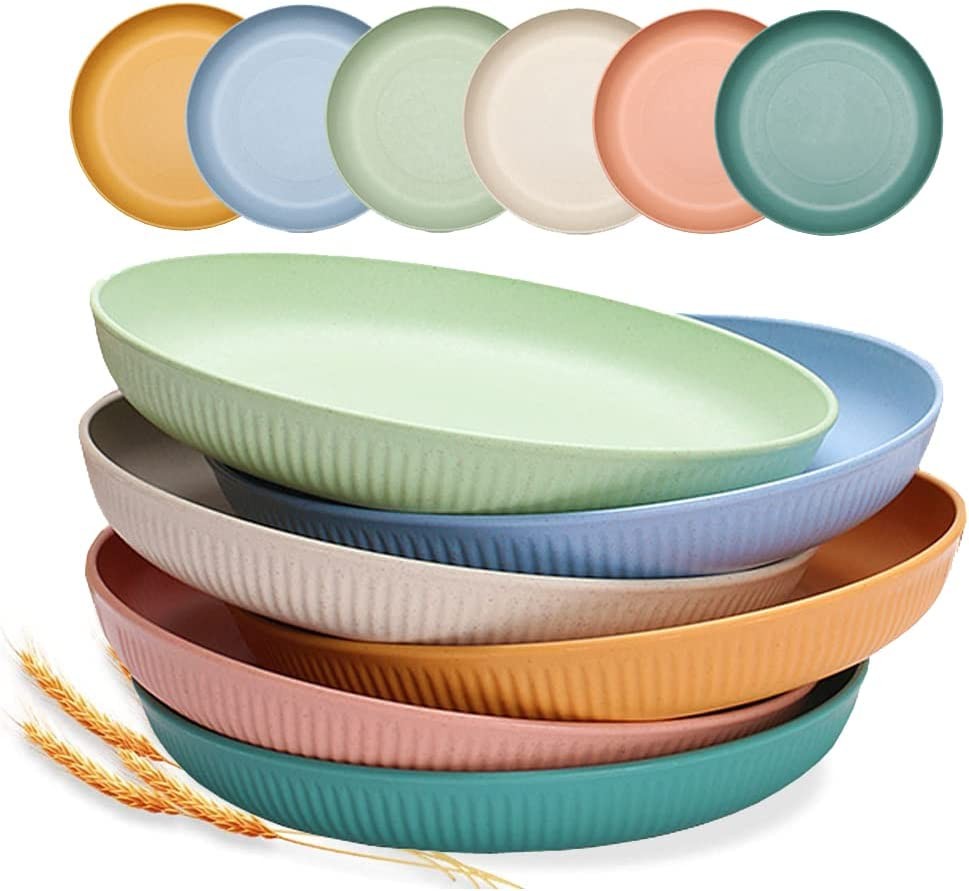 6 Pack 9 Inch Unbreakable Deep Dinner Plates Set, Lightweight Wheat Straw Plates, Plastic Plates Reusable, Assorted Colors Dinnerware Sets, Microwave & Dishwasher Safe, BPA Free and Healthy