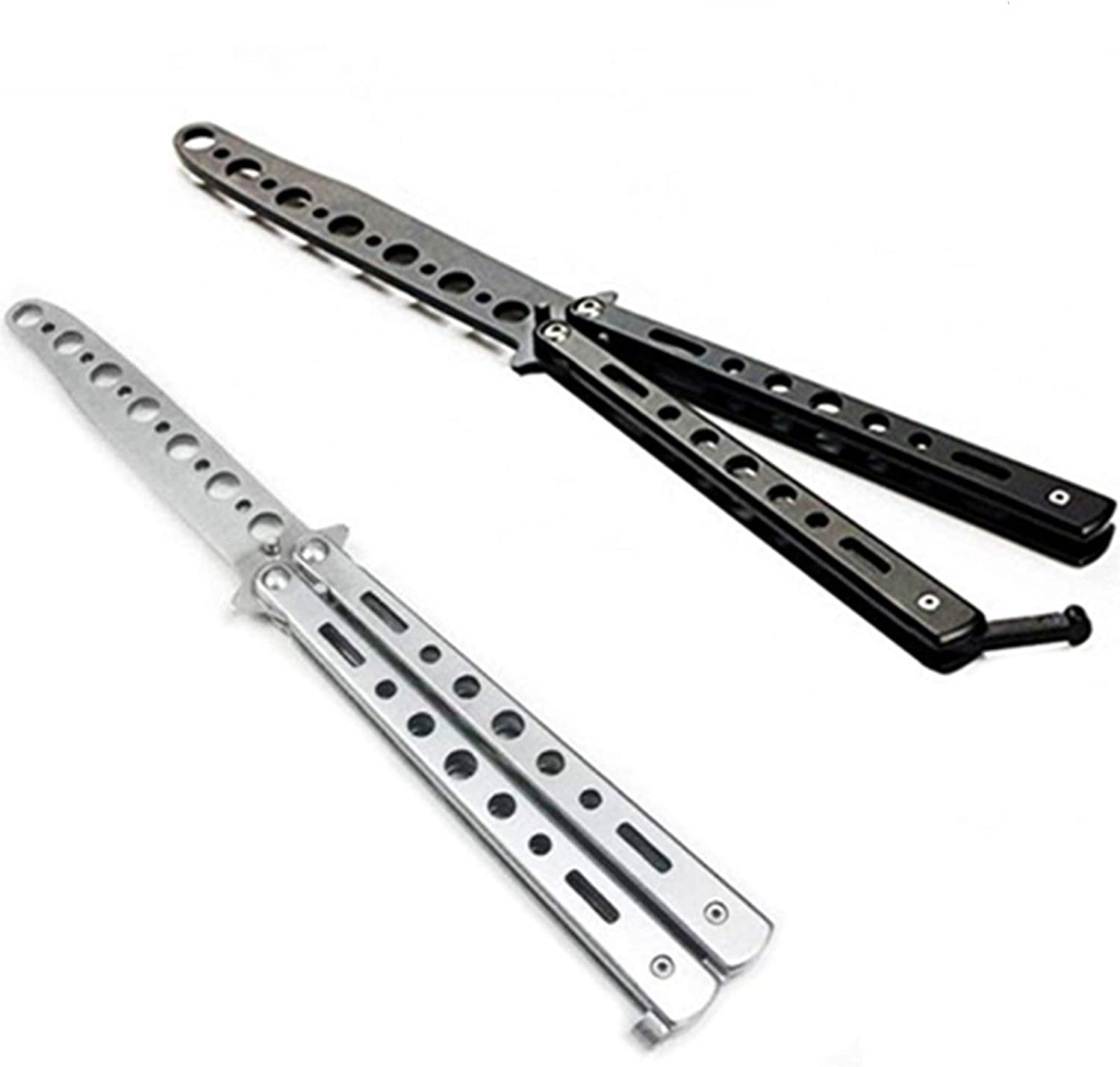 AIFUSI Butterfly Knife, Trainer Martial Arts Practice Swords Steel Metal Folding Knife Training Knife Tool Unsharpened, Random Color Blade Black and Silver, Set of 2